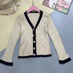Cream Black Contrast Trim Ribbed Knit Cardigan
